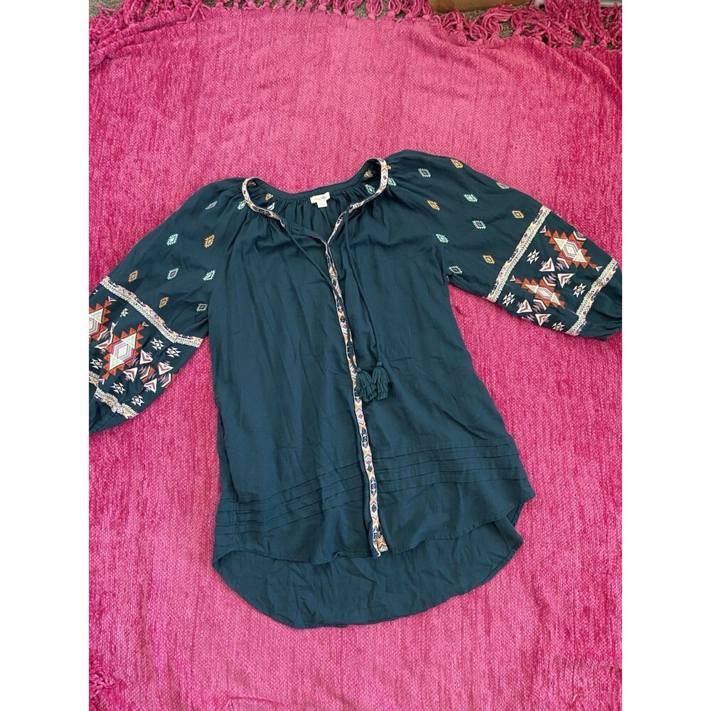 Sundance Embroidered Southwest High Low Mini Dress Pockets Teal Green Size M